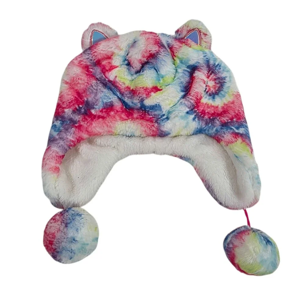 The Children's Place Kids Tie Dye Faux Fur Bear Hat L/XL 8+ Ears‎ Pom Poms